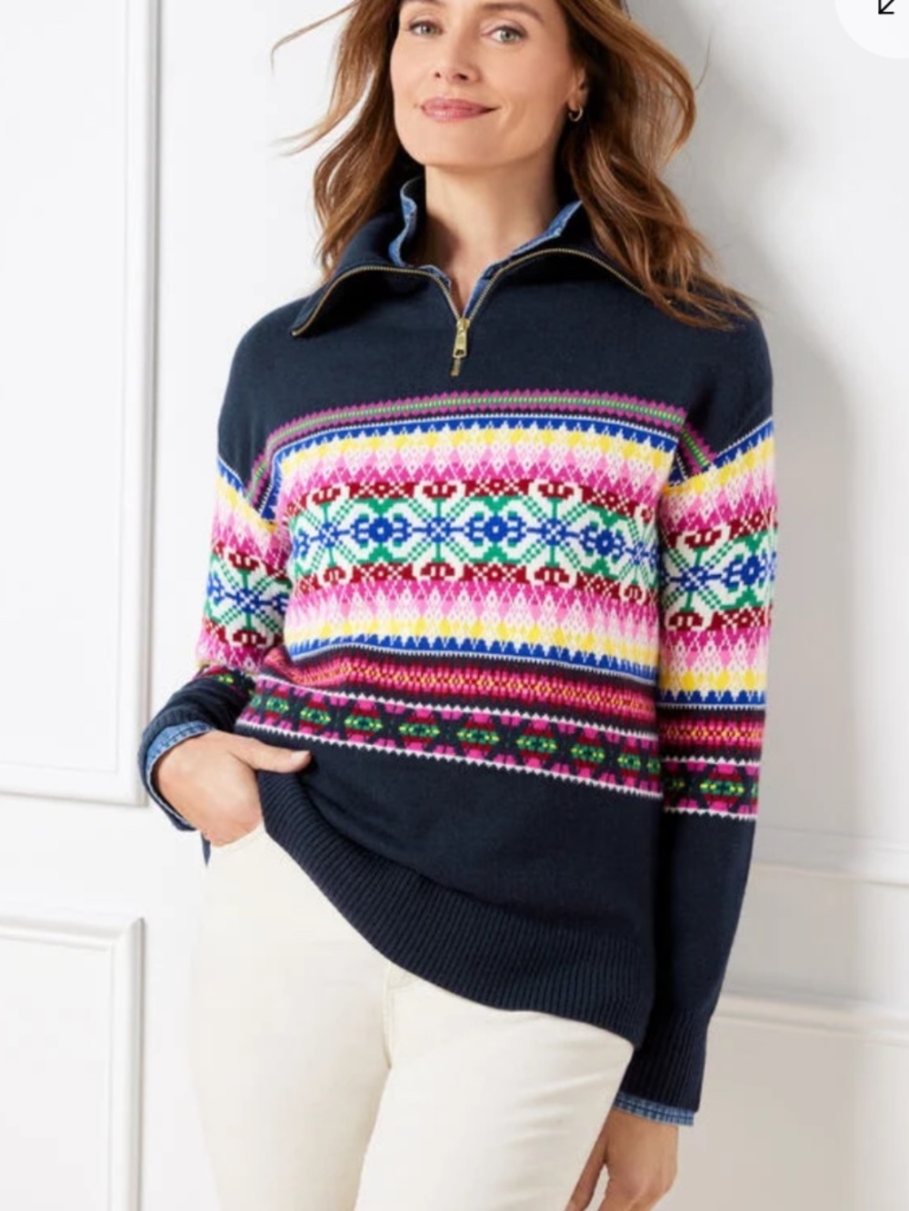 Talbots Fair Isle Wool Blend Quarter Zip Mock Neck Sweater Size Medium